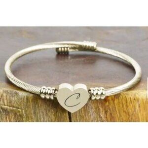 Heart Initial Wire Bracelet GOLD Letter "C" Charm Adj Fit Womens Jewelry